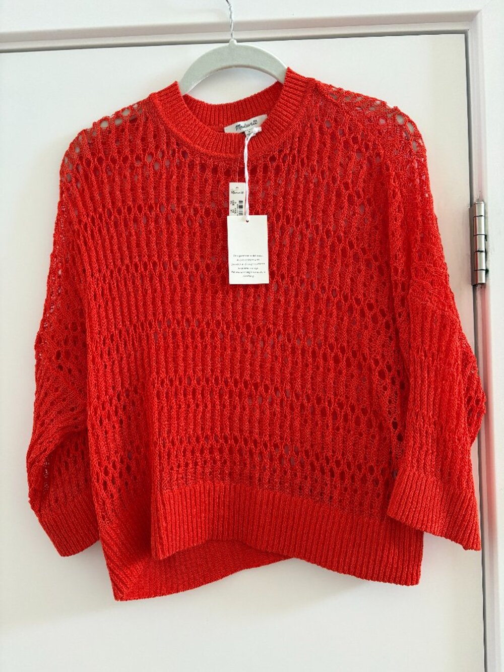 NWT Madewell Open-Stitch Crewneck Sweater Bright Red Orange Crochet Knit M